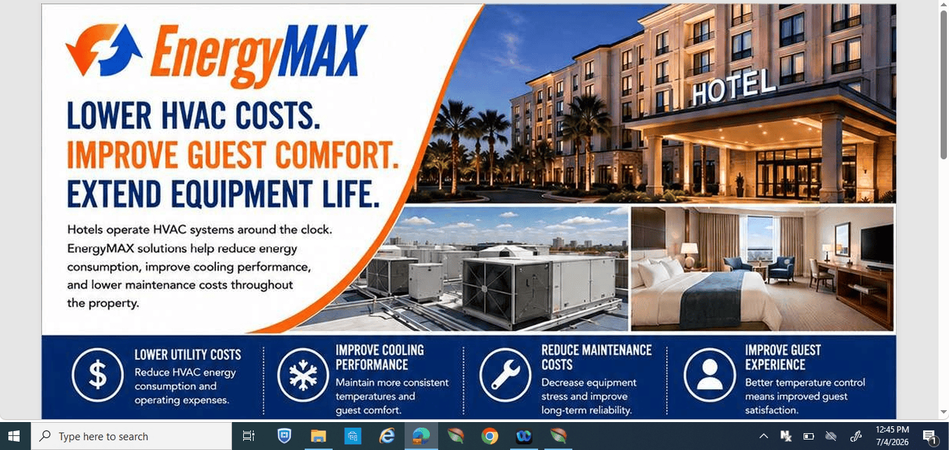EnergyMAX HVAC banner showing hotel exterior