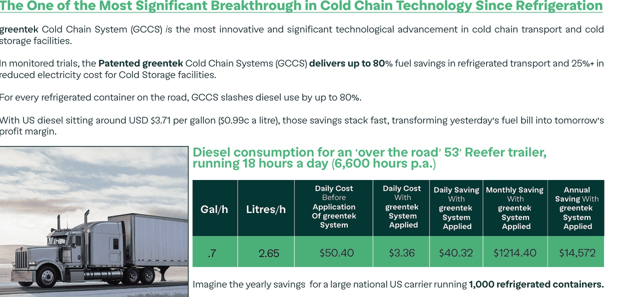 Reefer truck and table showing fuel savings