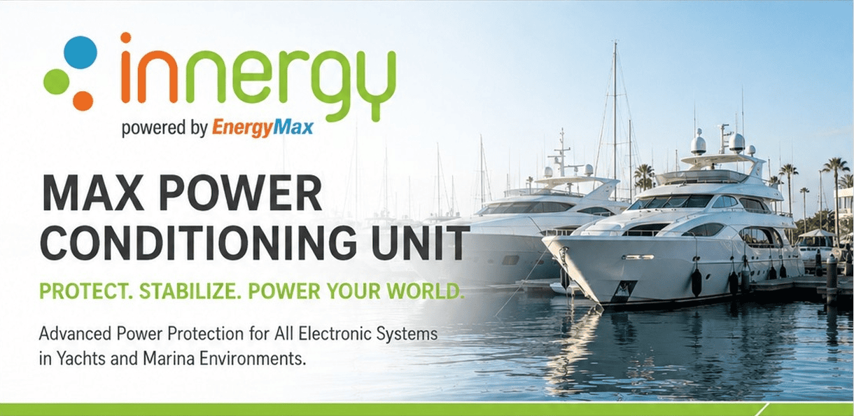 Yachts beside Innergy Max power conditioning advertisement