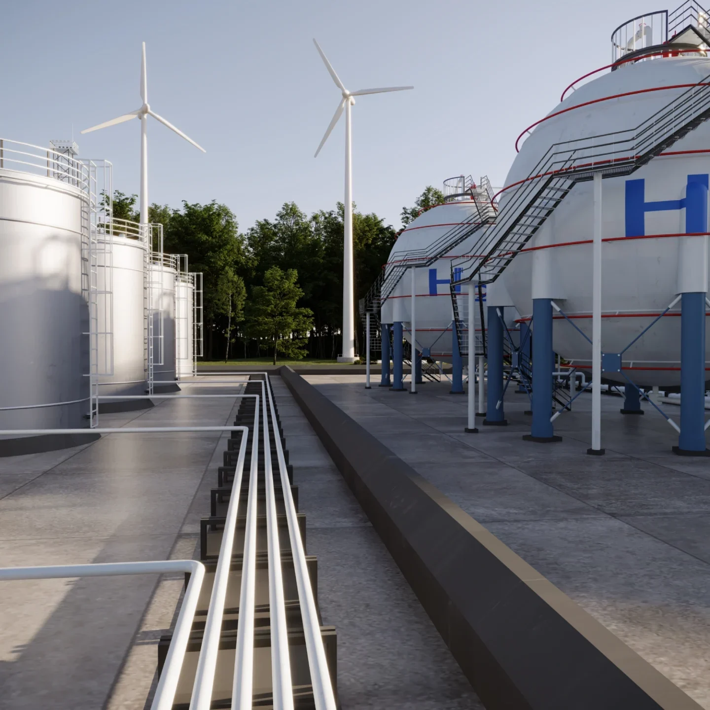 Industrial facility with hydrogen tanks